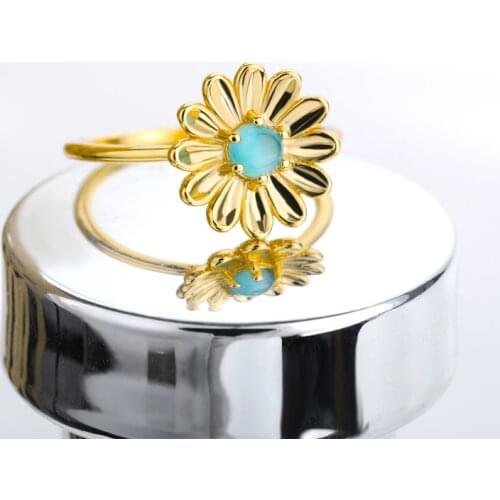 Metal Sunflower Rings For Women Stainless Steel Blue Opal Flower Pendant Finger Ring 2021 Trend Aesthetic Couple Jewelry Gift
