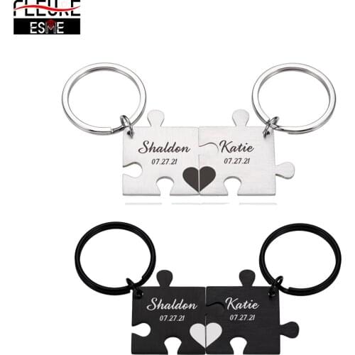 2Pcs Customized Keychain Jigsaw Shape Original Personalized Stainless Steel Keychain Couple Anniversary Record Gift To Boyfriend