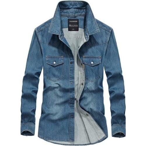 2021 Spring Autumn Denim Shirt Men Military Long Sleeve Single Breasted Men Jeans Shirt Pure Cotton Shirt Male Large Size M-4XL