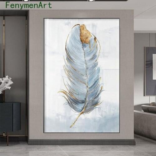 Abstract Blue Gold Feather Decorative Painting Modern Wall Posters and Pictures for Living Room Home Decor Nordic Canvas Art