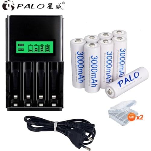 PALO 8pcs rechargeable battery AA with LCD charger for aa aaa ni-mh ni-cd 1.2v battery rechargeable
