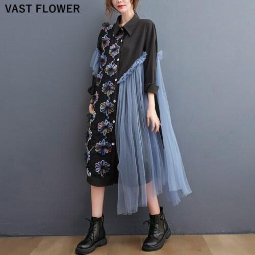 Irregular Patchwork Mesh Floral Oversized Dresses For Women New Lapel Long Sleeve Loose Casual Dress Fashion Clothes Autumn 2021
