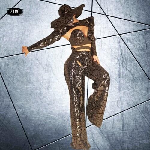 Sexy black Sequin Bodysuit Pants hat sets Women Nightclub Party Jazz Outfit Sets Hip Hop stage Dancer Performance Wear designer