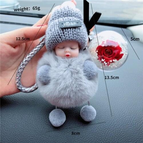 Sleeping Baby Doll Keychain Pompom Rabbit Fur Ball Key Chain Car Keyring Women Key Holder Bag Pendant Charm Accessories