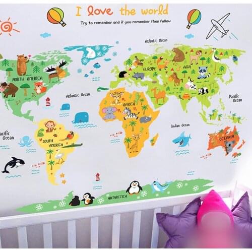 DIY World Map Wall Stickers Cartoon Animal Decorative Kids Room Decals PVC Quality Wallpaper Kindergarten Background Wallsticker