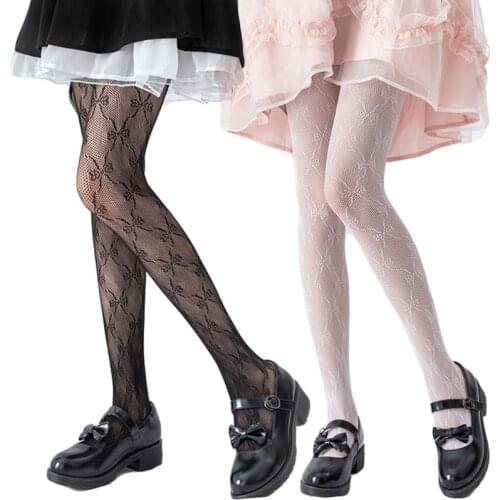 Women Hollow Out Lace Fishnet Pantyhose Sweet Bowknot Patterned Jacquard Stretch Tights Gothic Lolita Mesh Stockings