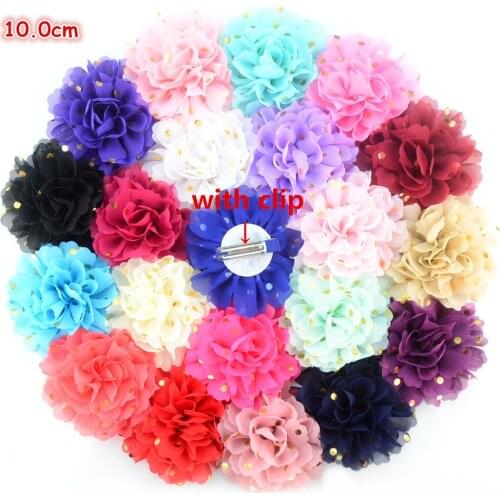 Wholesale 100pcs/lot Double Prong Alloy Hairpin with 4 Inch Gold Foil Polka Dot Chiffon Flower 32 Color On Sale H0252