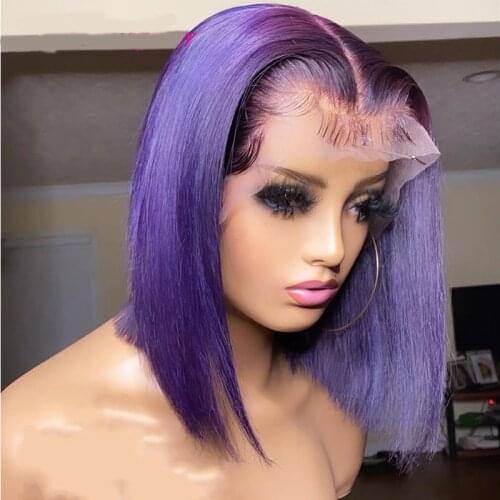 Purple Colored Silky Straight Brazilain Remy Hair Preplucked 13*4 Lace Front Human Hair Wig With Baby Hair Natural Hairline