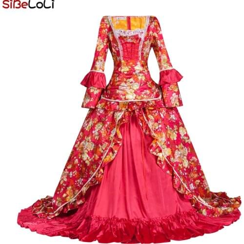 Renaissance Red Floral Brocade Rococo Marie Antoinette Dress Southern Belle Civil War Historical Period Dress Theater Costume