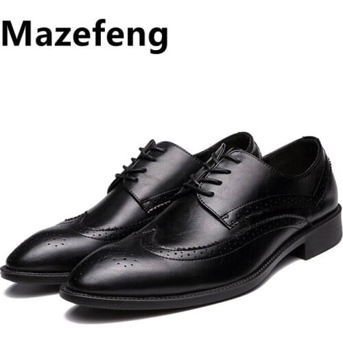 Mazefeng 2019 Big Size 38-47 Men Dress Shoes Black Wedding Shoes Winter Pointed Toe Flat Business British Lace Up Oxfords Shoes