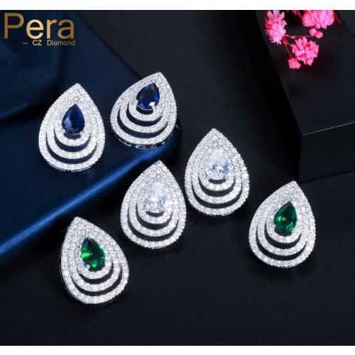 Pera Stunning Green Blue Cubic Zirconia Silver Color Multiple Waterdrop Shape Stud Diamond Earings for Women Prom Jewelry E777