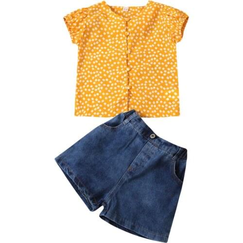 Baby Girls Short Sleeve Tops and Shorts Casual Set Fashion Floral Single-breasted T-shirts and Pocket Button Denim Short Pants