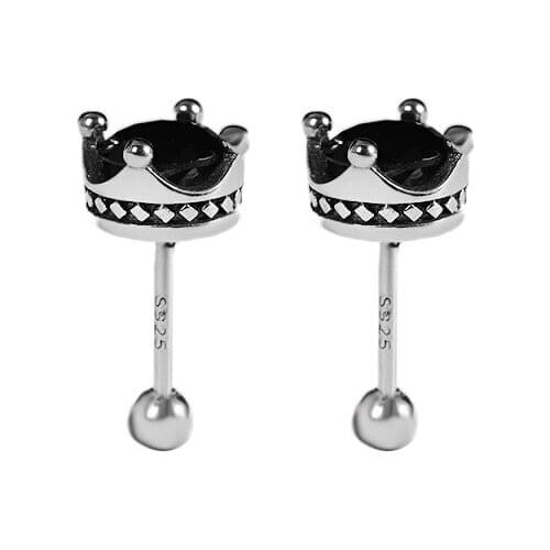 Thai silver fine earrings 100% 925 solid sterling silver jewelry cut surface natural black agate crown earrings