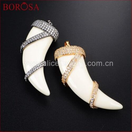 BOROSA Natural White Ox Bone Carved Long Horn Shape Tusk Black/Gold Zirconia Rhinestones Twine Paved Pendants Jewelry WX246