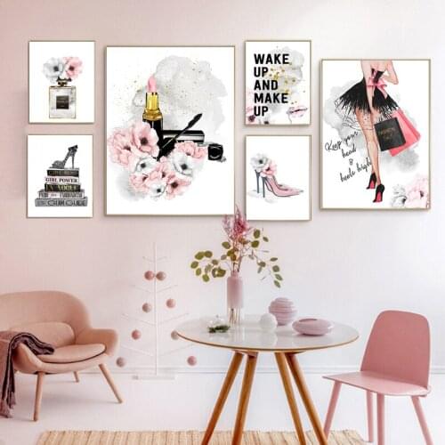 Modern girl room perfume, lipstick, high heel shoes, fashion posters, makeup, flower prints, canvas, art, wall painting, home fu