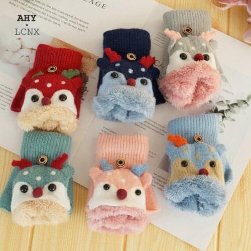 Cartoon Reindeer Mittens For Children Winter Warm Plus Velvet Thickening Kids Baby Girl Gloves Knitted Children 1-8 Years