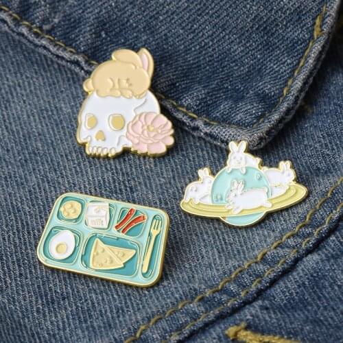 Cartoon Rabbit Enamel Pin Skull Planet Breakfast Brooches for Women Cute Backpacks Lapel Pins Badge Anime Jewelry Gift Wholesale