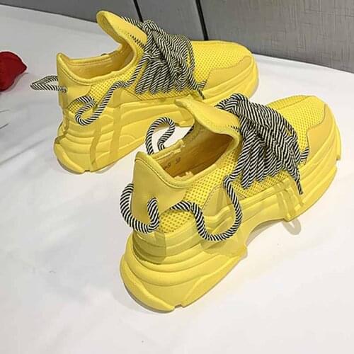 Bjakin Casual Women Shoes Thick Bottom Light Running Shoes Young Girls Jogging Sneakers Yellow Lace Up Sport Athletic Trainers