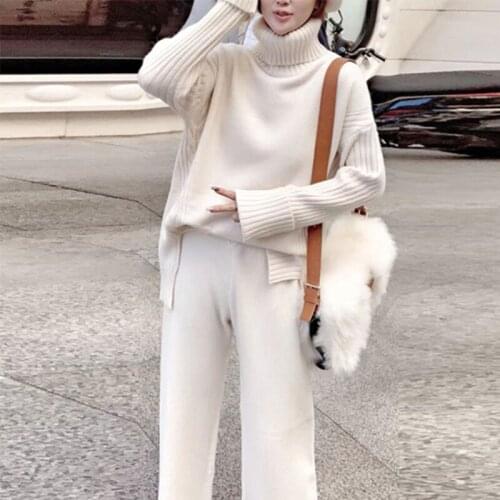 Women Winter Knitting Sweater Top And Wide-Legged Pants Suit Two-Piece New 2020 Cashmere Oversize Sweater Western Style Suit