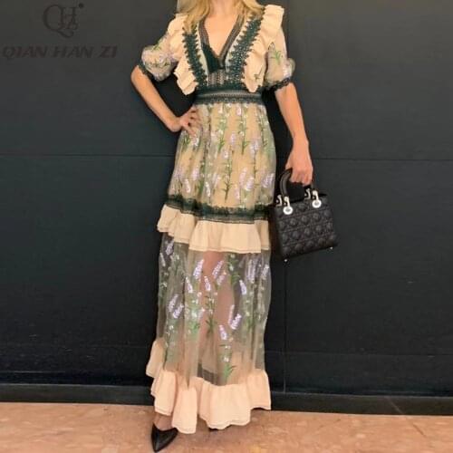 Qian Han Zi Designer Long dress Womens Half Sleeve Mesh High Quality Embroidered V-neck Ruffled Lace Vintage Elegant Maxi Dress
