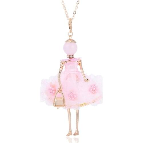 Pink Yellow Floral Dress Doll Necklaces For Women Handmade Paris Girl Gild Chain Long Sweater Necklace Party Statement Jewelry