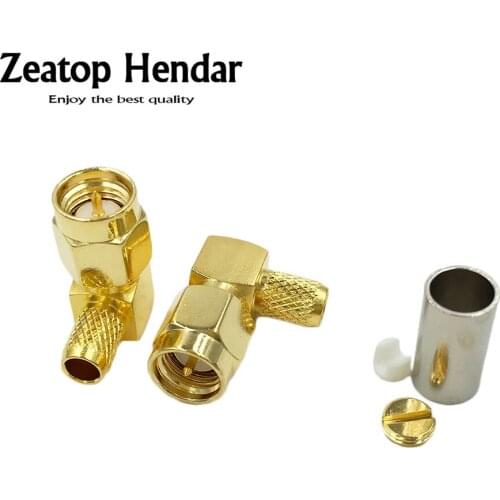 10Pcs Gold Plated Brass SMA Male Plug Right Angle Crimp Coaxial for RG58 RG400 RG142 LMR195 Cable RF Connector