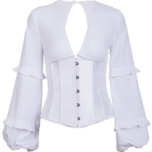 2020 Sexy Tops Corsets Blouse Womens Lace Up Satin Backless Lantern Long Sleeve V Neck Waist Trainer Slim Corset Shirt Clothing