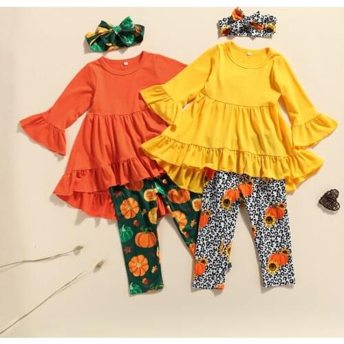 3-7Years 3Pcs Kids Girl Autumn Tracksuit Solid Long Flared Sleeve Blouse Pumpkin Print Pants Hairband
