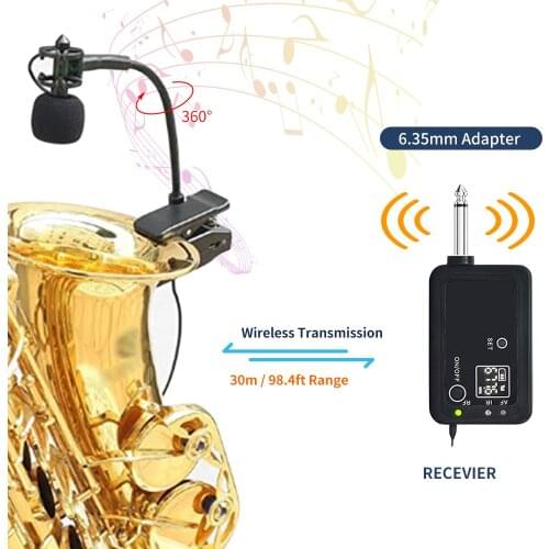 UHF Wireless Instruments Microphone Saxophone Microphone Transmitter Receiver Set Plug & Play Pick Up for Trumpet Trumbone