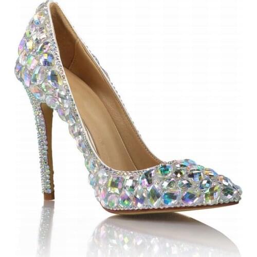 Colorful Handmade Womens Bridal Wedding Single Shoes Rhinestone Shallow Pointed Toe Pumps Stiletto High Heel Shoes Lady PW097