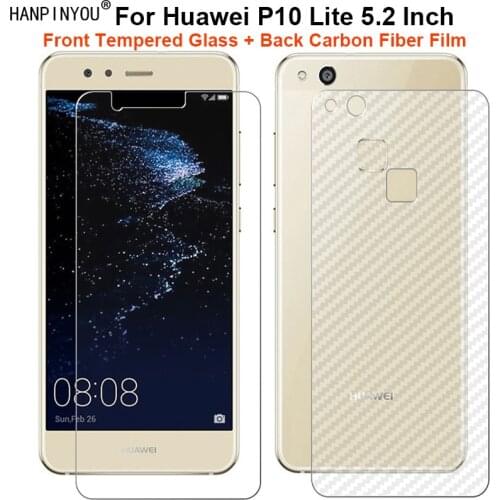 For Huawei P10 Lite P10Lite 5.2" 1 Set = Soft Back Carbon Fiber Film + Ultra Thin Premium Tempered Glass Front Screen Protector