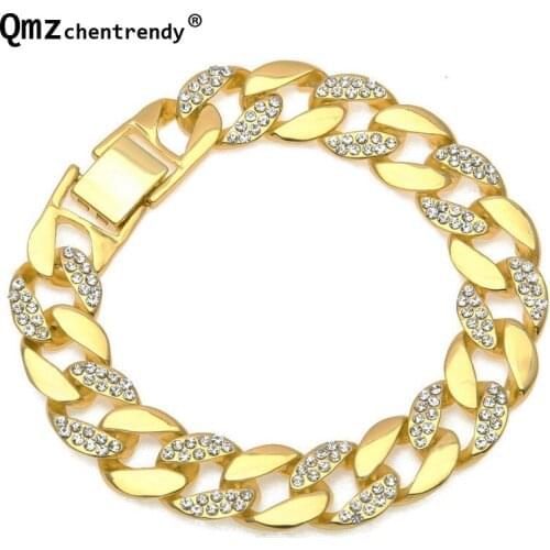 Hip Hop Simulated gemstone Gold Bracelet Rhinestone Cuban link Chains Bracelet Male Women Luxury Fashion Jewelry Accessory