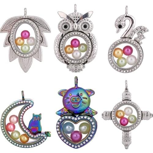 Mixed Moon Swan Bird Rhinestone Locket Pendant Glass Floating Charms Living Memory Photo Locket Pendant Mothers Day Gift