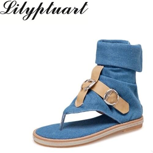 Best selling womens comfortable flat shoes womens cool boots casual anti-slip fashion denim round-headed sandals