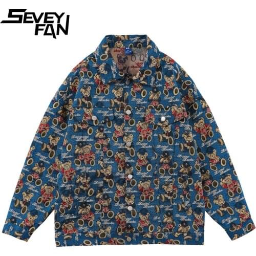 SEVEYFAN Mens Full Cartoon Bear Printed Denim Jacket Hip Hop Oversize Jean Coat Streetwear for Male