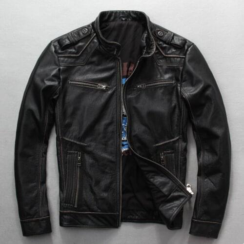 2019 New Mens Motorcycle Leather Jacket Vintage Black Thick Cowhide Genuine Rider Jackets Back 3D Cross Biker Coats