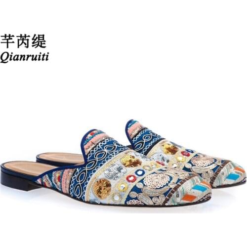 Qianruiti Bohemia Style Handmade Mens Shoes Casual Mixed Colors Embroidered Glitter Slippers Flat Shoes For Men Slip On Mules