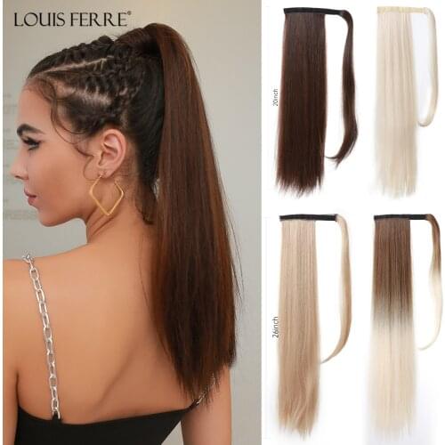 LOUIS FERRE Synthetic Extensions Heat Resistant Hair 20Inch Long Straight Ponytail Hair Wrap Around Pony Hairpiece for Women