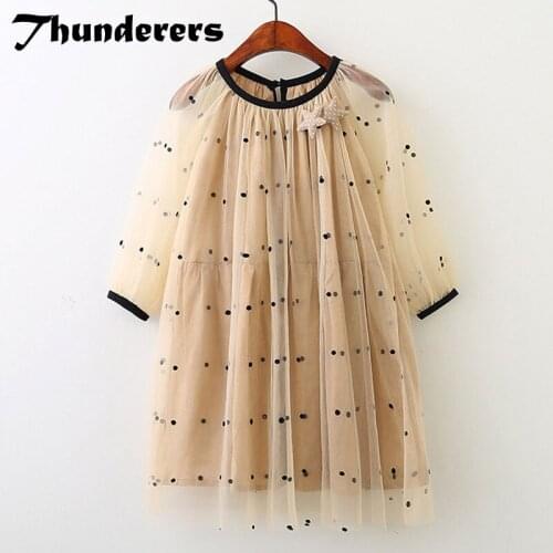 Thunderer Spring Autumn Girl Party Dress Long Sleeve O-neck Children Dress Mesh Dots Fashion Kids Princess Dress Summer Clothes