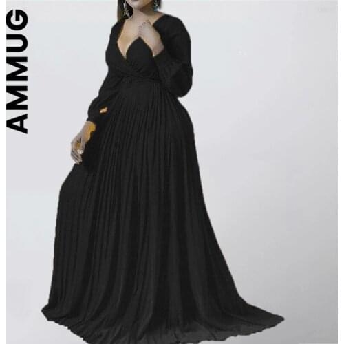 Long Sleeve Maxi Dress Temperament Deep V Neck High Waist Plus Size Dress Fashion Women Dress Sexy Pleated Party Dresses Robe