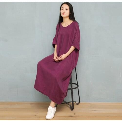 Women Cupro Fabric V neck Soft Purple Loose Dress Ladies Robe Dress Summer Half Sleeve Female Irregular Dress