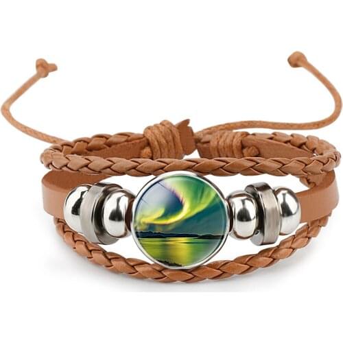 10PC Aurora Leather Bracelet Glass Cabochon Bangles Multilayer Leather Bracelet Braided Flower Aurora Borealis Jewelry for Women