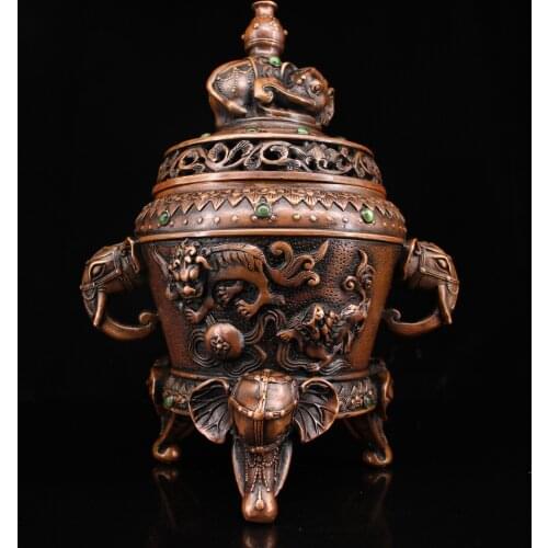 11" Tibet Buddhism Old Red Bronze Gem Elephant Trunk God of Wealth Elephant nose Three-legged incense burner Town House Exorcism