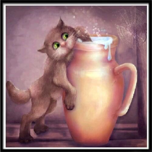 DIY Full Circle Diamond Painting Home Decoration Art Crafts Hotel Office Decoration And Gifts Cat Stealing Cream