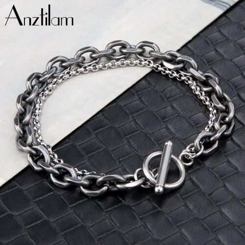 Anztilam Retro Titanium Stainless Steel Bracelet Men Double Hip Hop Bracelet For Women Fashion Goth Jewelry Gift Free Shipping
