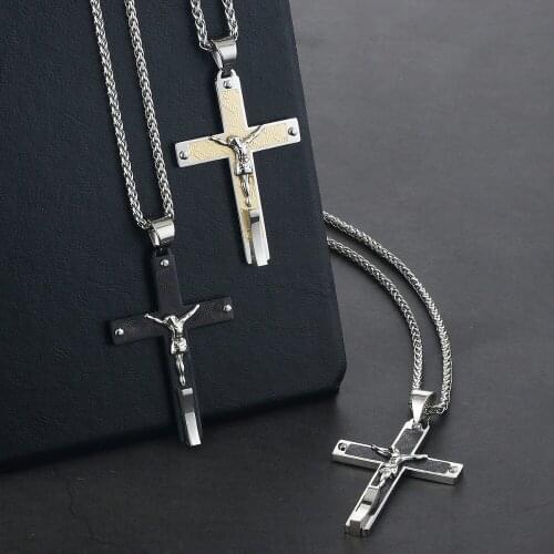 High Quality Stainless Steel Pendant Necklace for Men Christian Jesus Cross Religious Crucifix Male Jewelry Father Gifts MN213