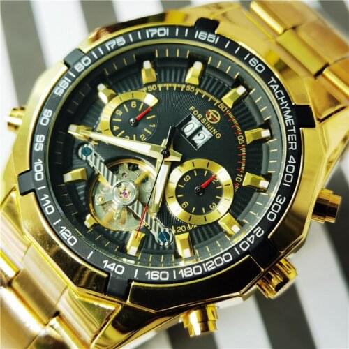 Forsining Luxury Golden Male Mechanical Watch Automatic Tourbillon Skeleton Self Wind Calendar Moon Phase Steel Strap Mans Clock