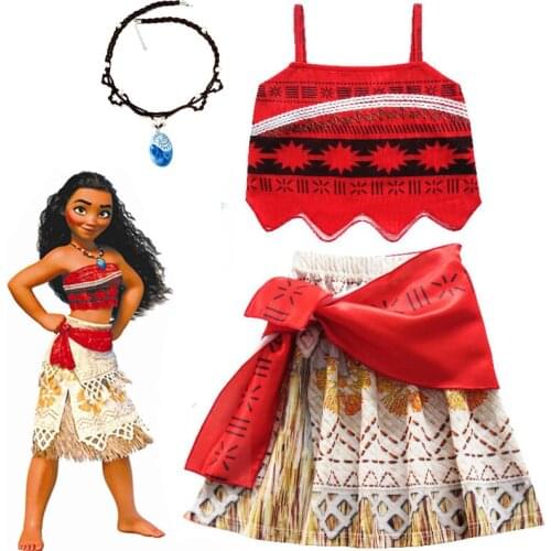 2020 Girls Moana Cosplay Costume for Kids Vaiana Princess Dress Clothes with Necklace for Halloween Costumes Gifts for Girl