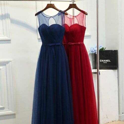 Prom Dresses Long 2021 for Evening Bridesmaid Girl Burgundy Tulle Pleat Elegant A Line Sheer Neck Evening Formal Gown
