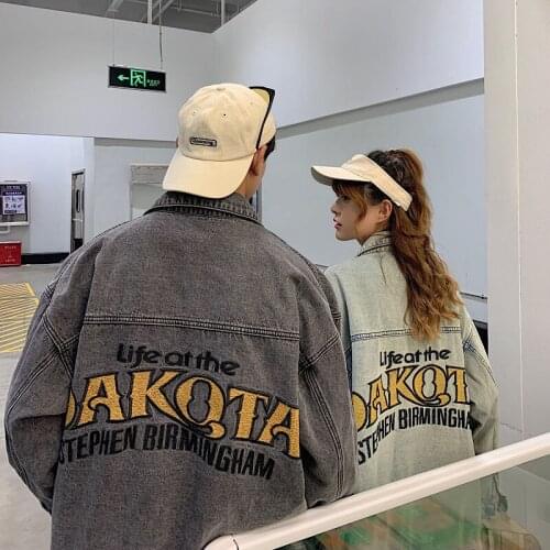 Embroidered Letter Denim Jacket Trend Long Sleeve Top Hiphop Loose Streetwear Jacket Male Clothes Casual Oversize Outer Workwear